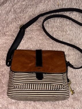 Fossil Brown Leather Flap Striped Black-and-White Crossbody Bag